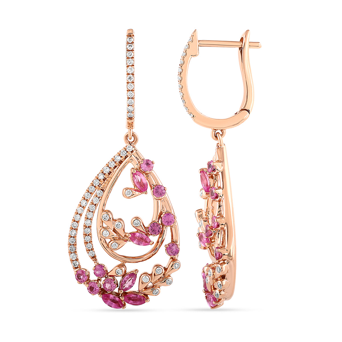 Qataf 18K Pear Shaped Earring with Diamonds & Pink  Sapphire