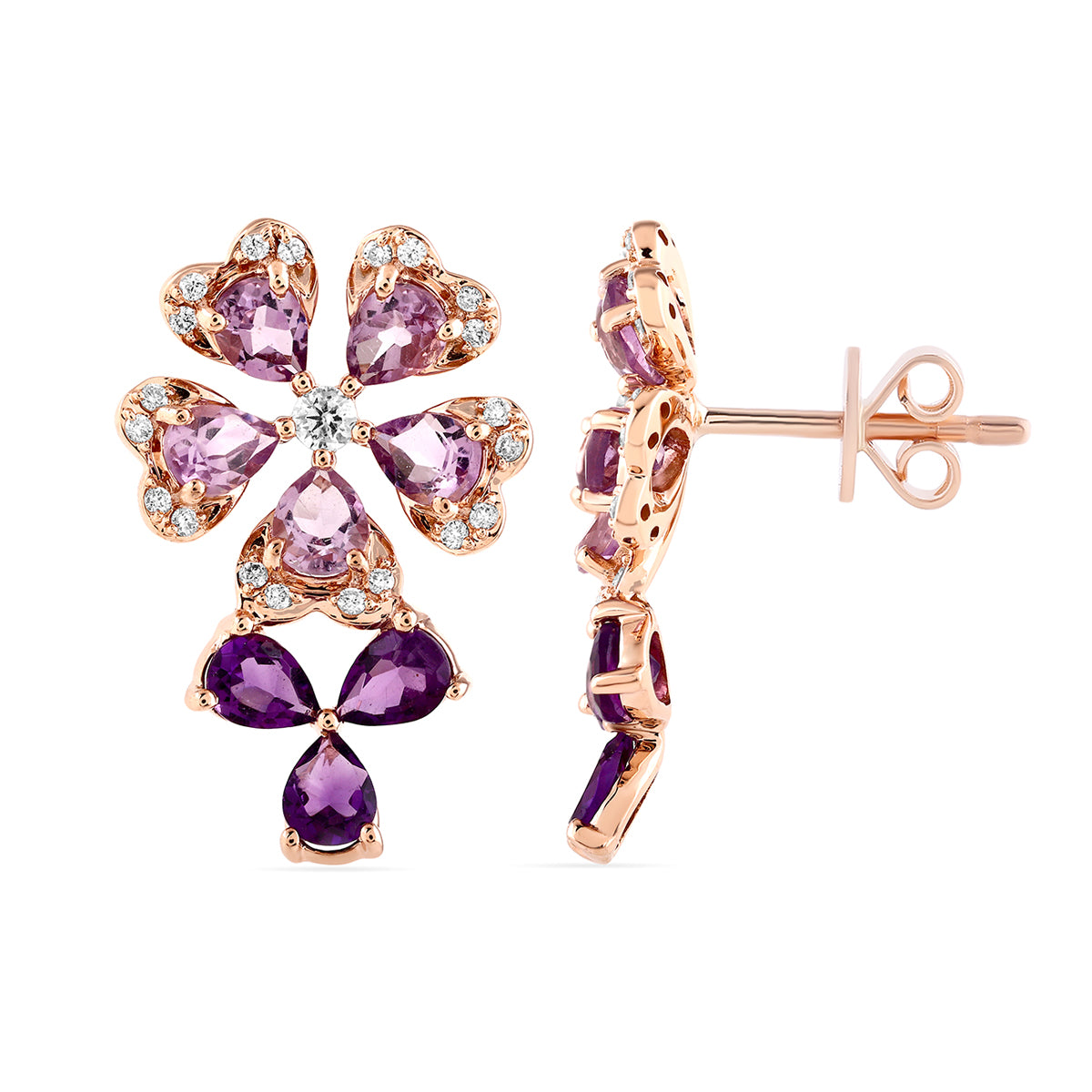 Qataf Floral Design 18k Earring set with Diamonds & Amethyst