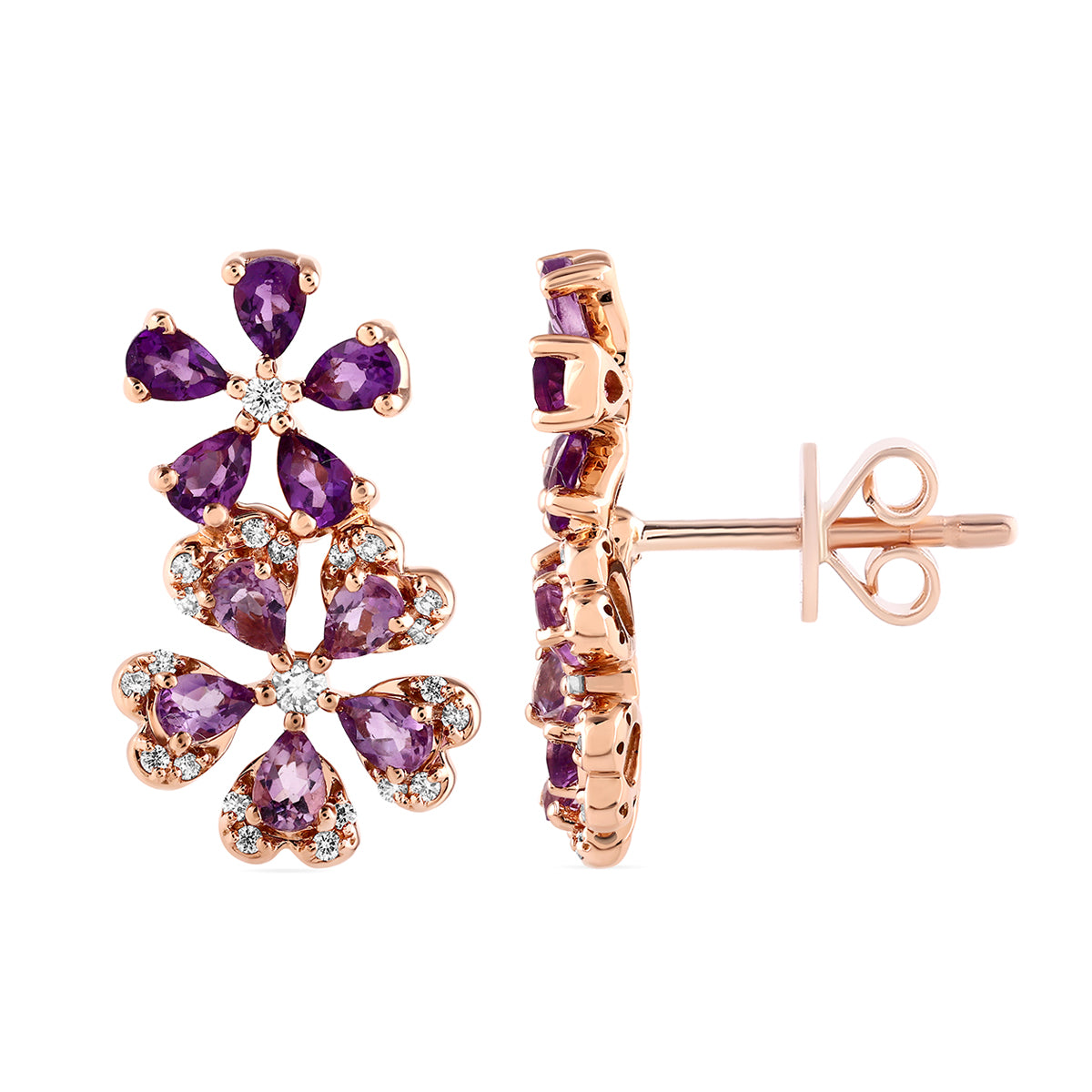 Qataf Twin Floral Design 18K Earring set with Diamonds & Amethyst