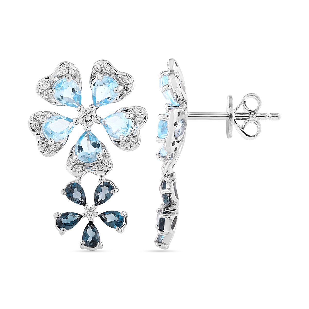 Qataf Twin Floral Design 18k Earrings set with Diamond & London Blue Topaz