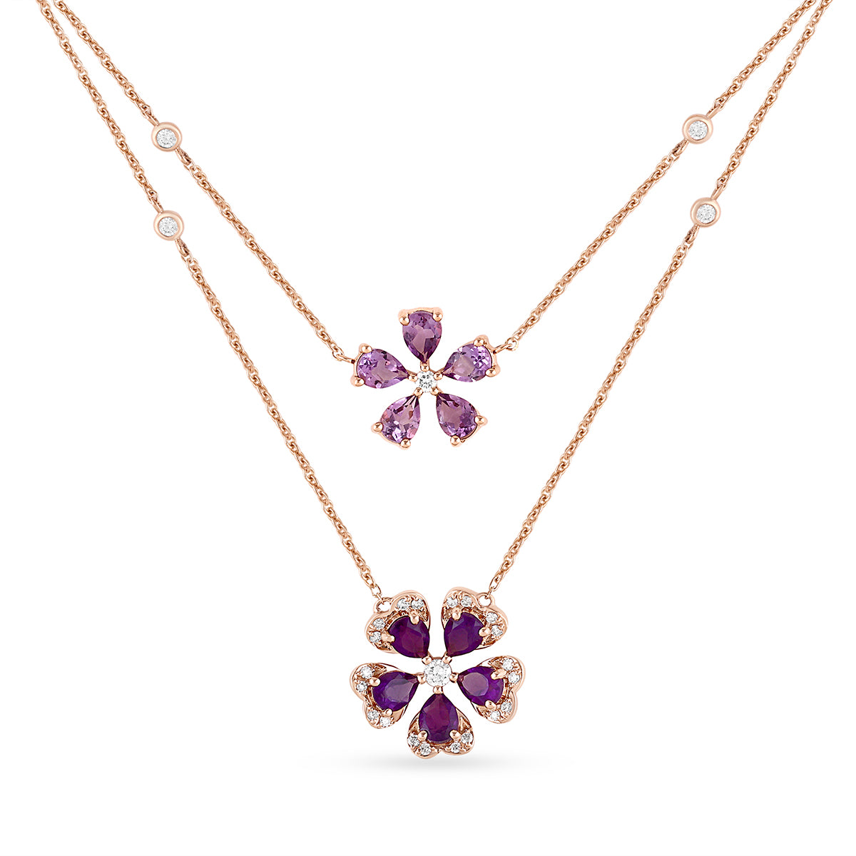 Qataf Twin Floral Design 18K Pendant set with Diamonds & Amethyst