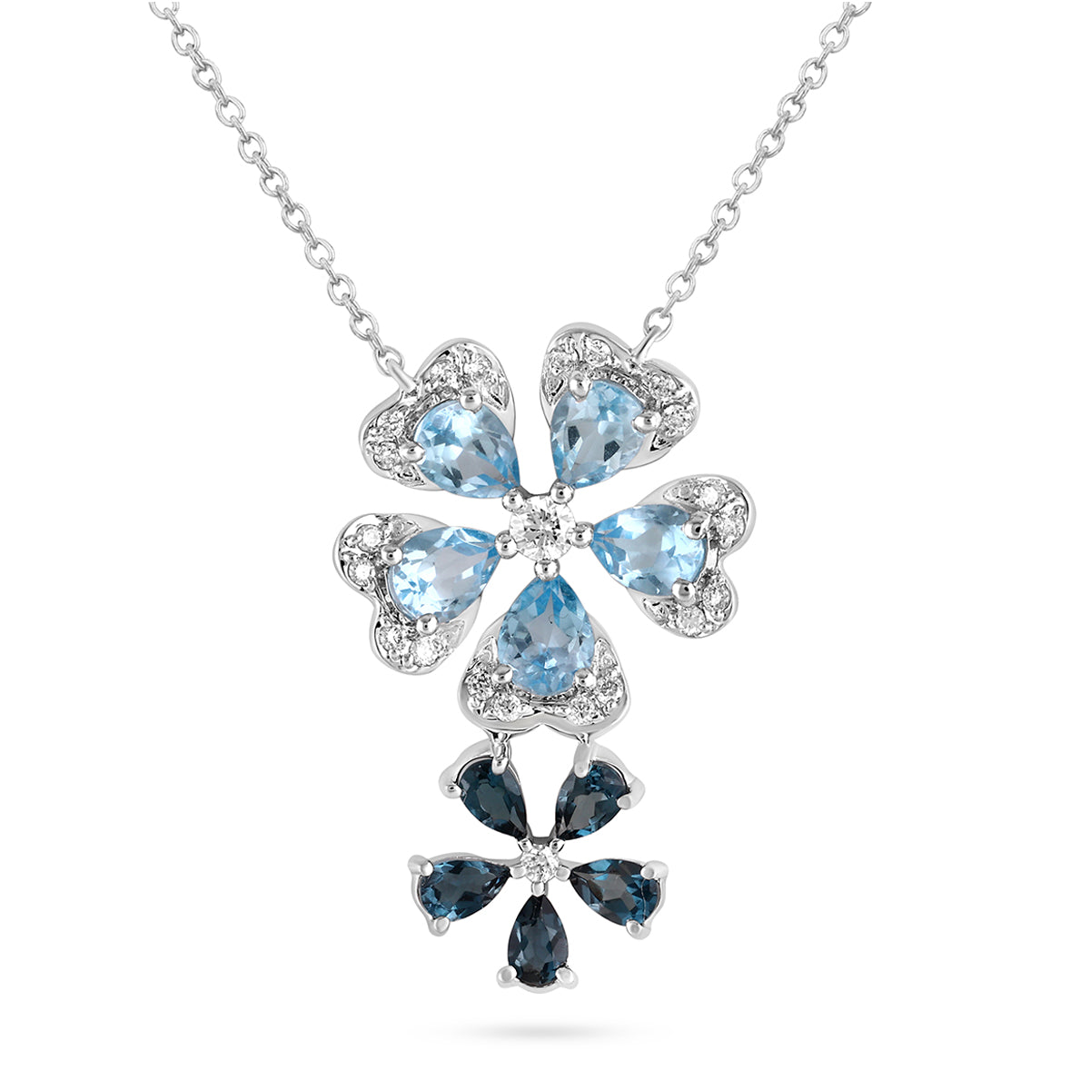 Qataf Twin Floral Design 18K Pendant set with Diamond & London Blue Topaz