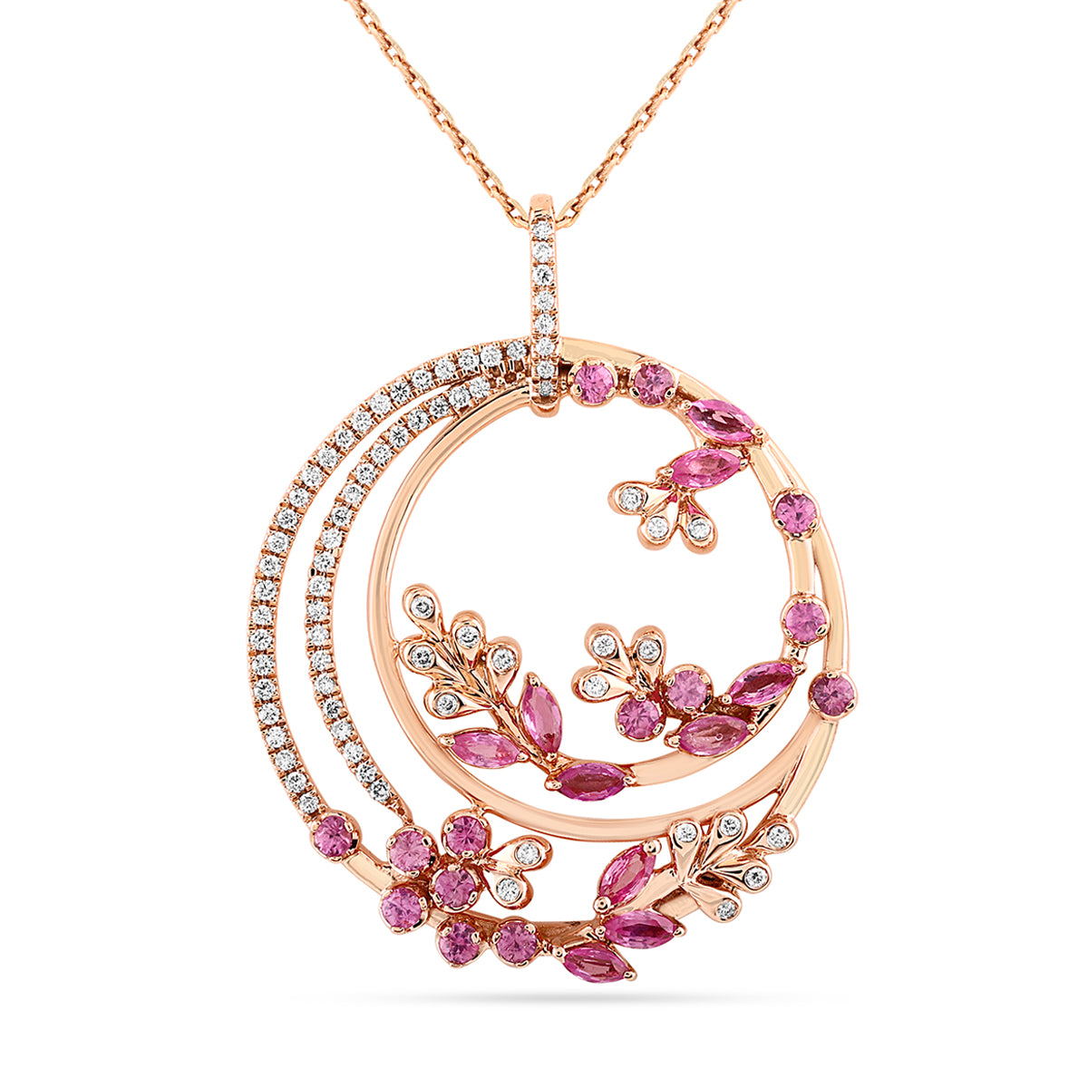 Qataf Floral Design 18K Round Shaped Pendant with  Pink Sapphire