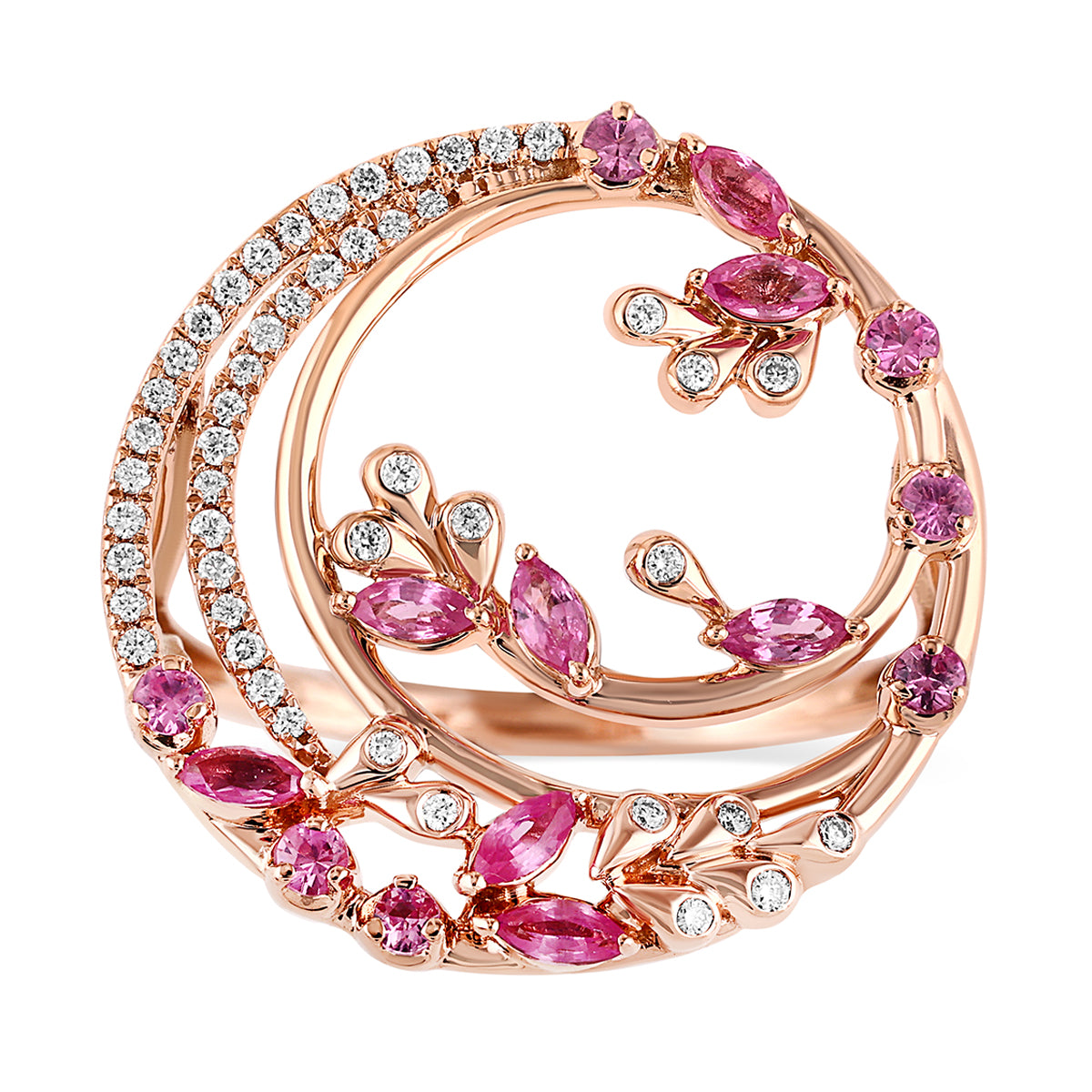 Qataf 18K Round Shaped Ring with Daimnd & Pink Sapphire