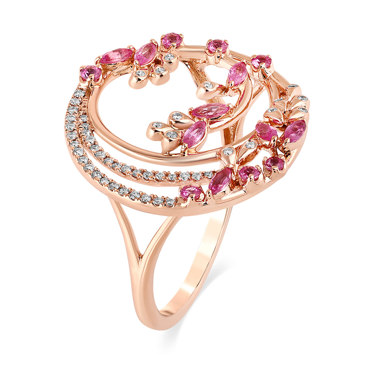 Qataf 18K Round Shaped Ring with Daimnd & Pink Sapphire