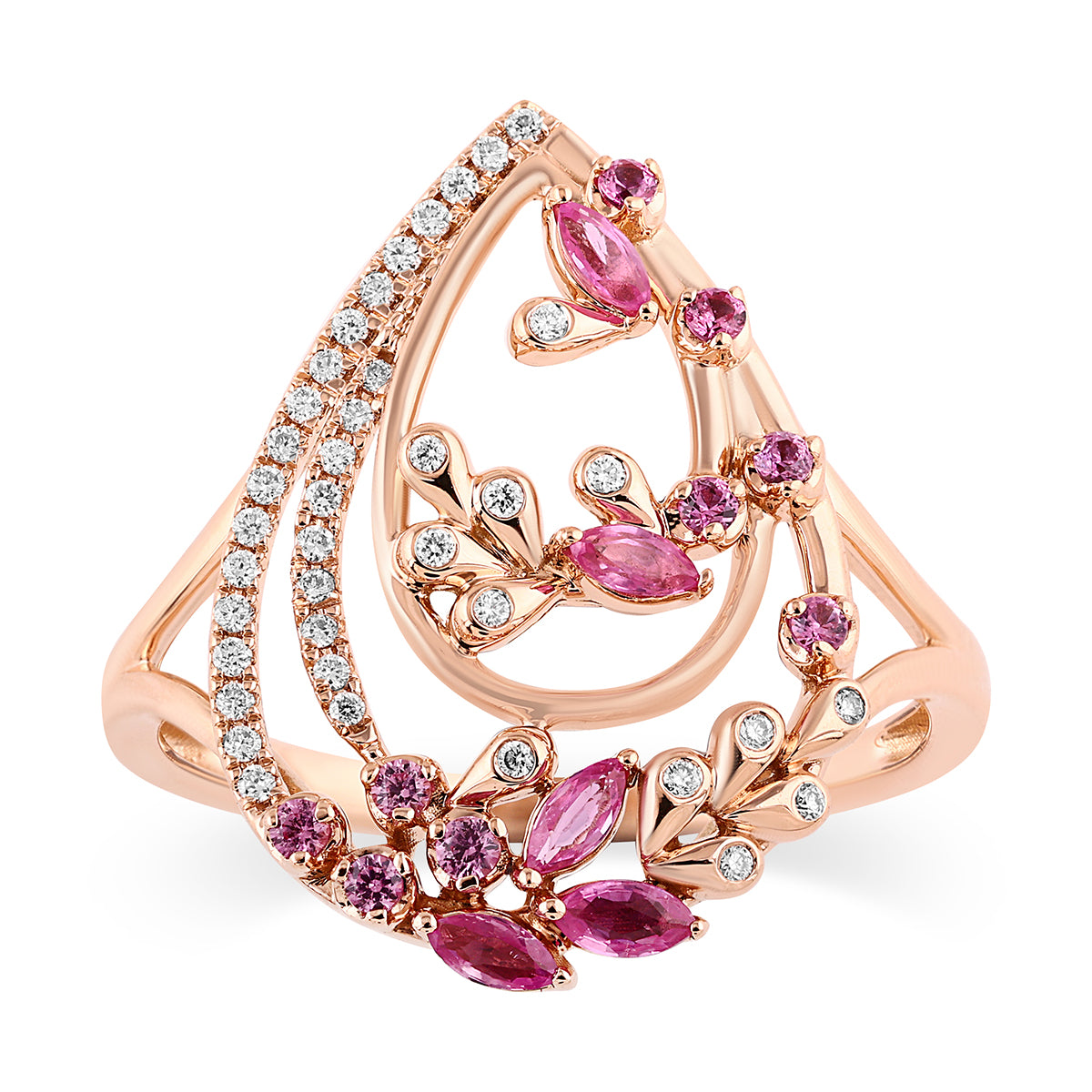 Qataf 18K Pear Shaped Ring with Diamonds & Pink Sapphire