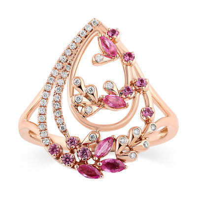 Qataf 18K Pear Shaped Ring with Diamonds & Pink Sapphire