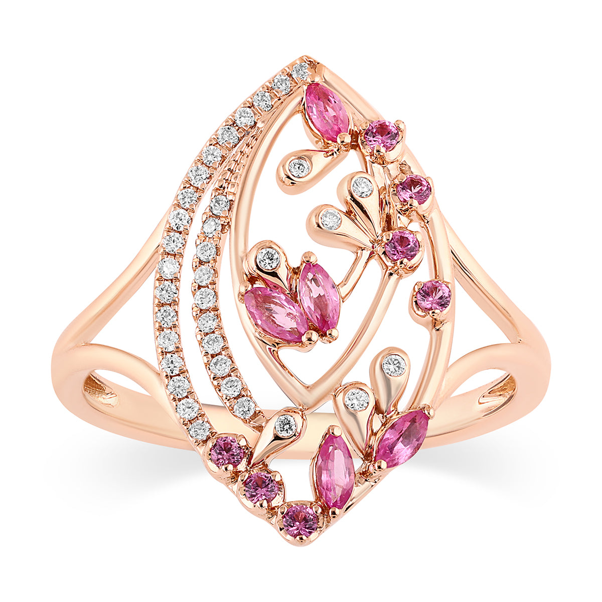 Qataf Floral Design 18k Marquis Shaped Ring with Pink Sapphire