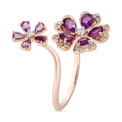 Qataf Twin Floral Design 18K Ring set with Diamonds & Amethyst