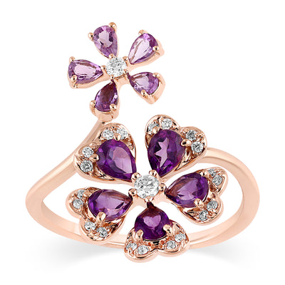 Qataf Twin Floral Design 18K Ring set with Diamonds & Amethyst