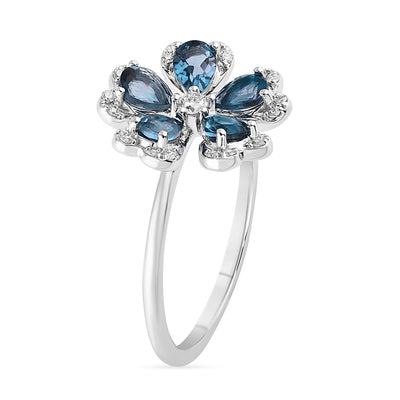 Qataf Floral Design 18k Ring set with Diamond & London Blue Topaz