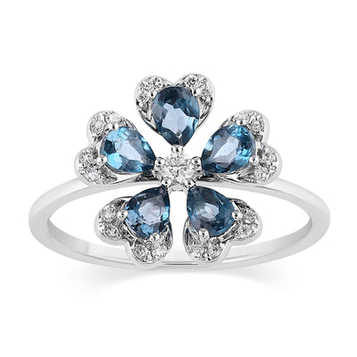 Qataf Floral Design 18k Ring set with Diamond & London Blue Topaz