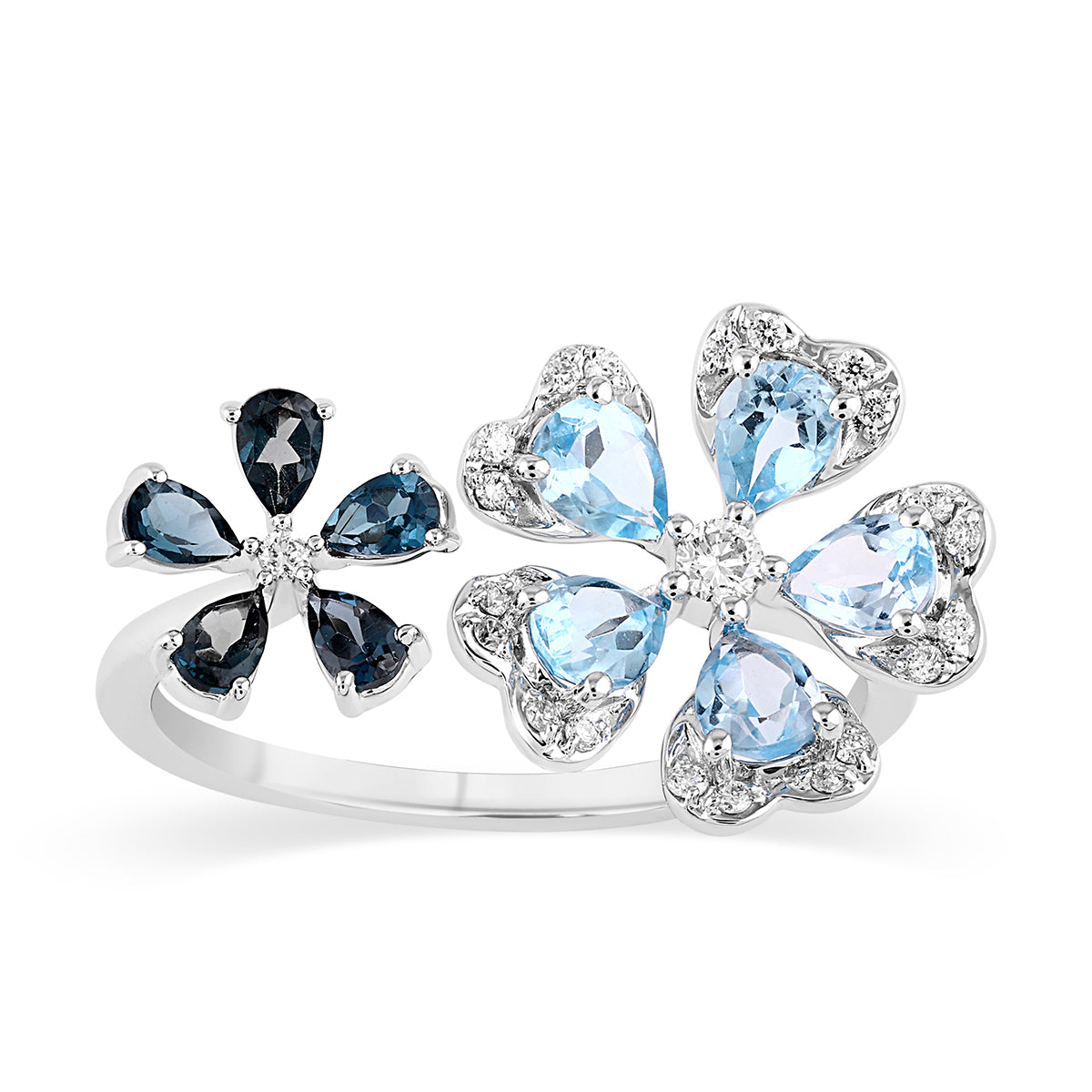Qataf Twin Floral Design 18K Ring set with Diamond & London Blue Topaz