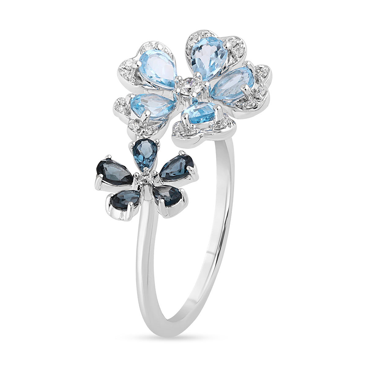 Qataf Twin Floral Design 18K Ring set with Diamond & London Blue Topaz