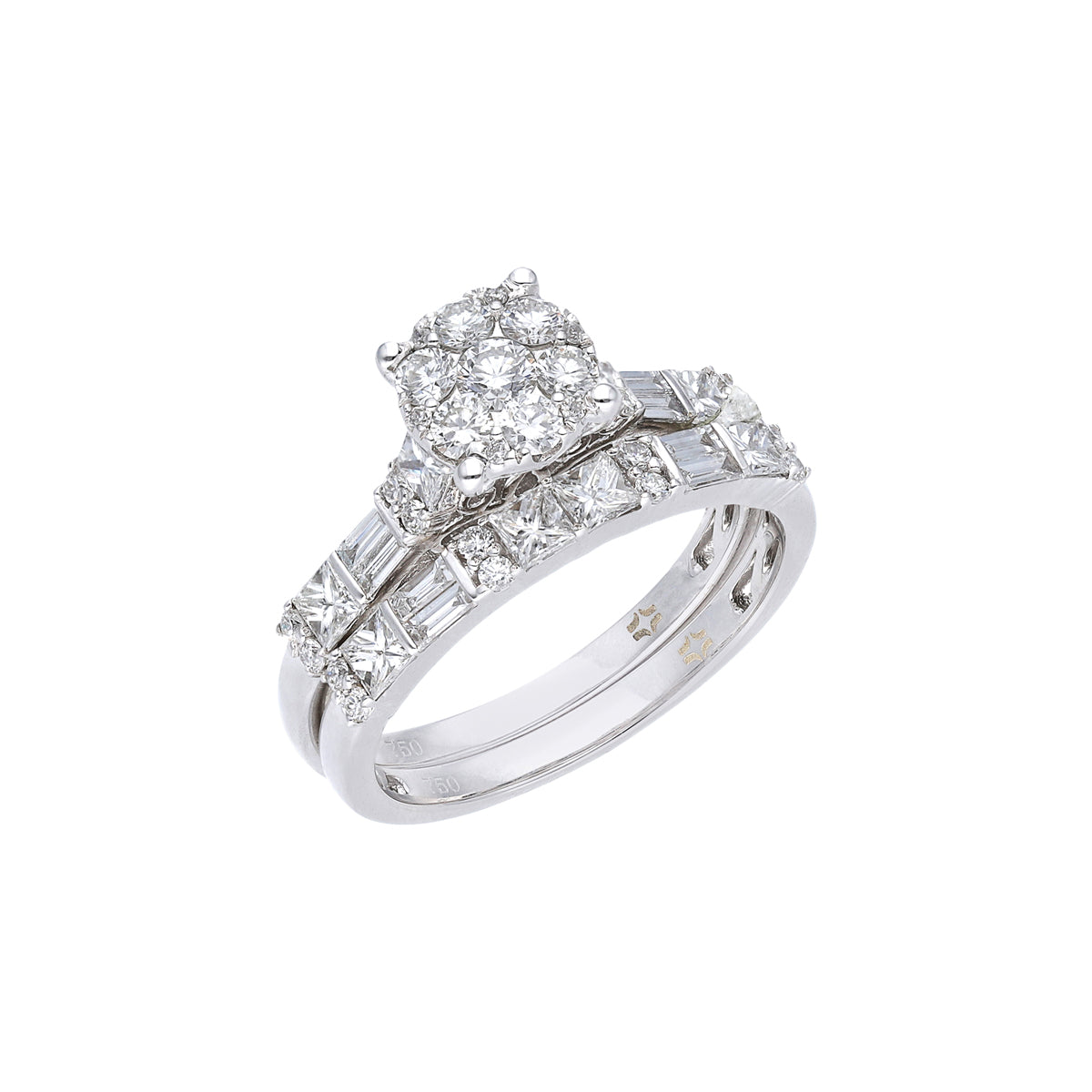 Al Aroosa 18K White Gold  Twin Ring with Round and Baguette Diamonds