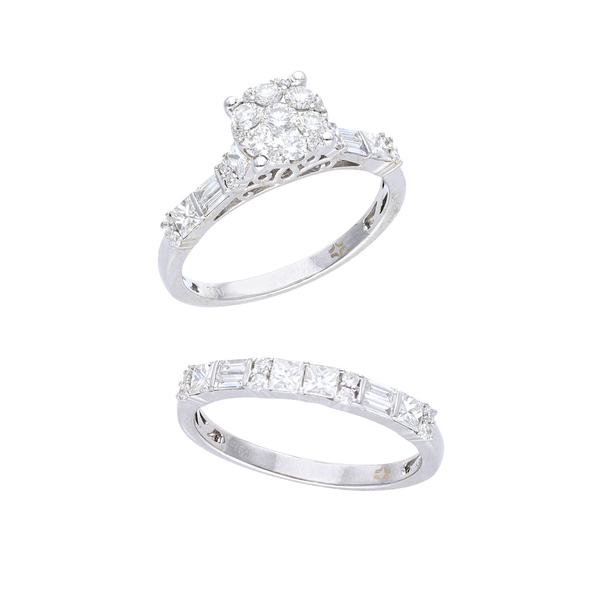 Al Aroosa 18K White Gold  Twin Ring with Round and Baguette Diamonds