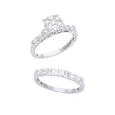 Al Aroosa 18K White Gold  Twin Ring with Round and Baguette Diamonds