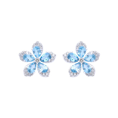 Qataf Flora Design 18K Earring with Blue Topaz and Diamonds